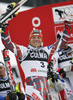 Kalle Palander of Finland celebrates after winning ski World cup Giant Slalom race in Alta Badia, Italy. Giant slalom World cup race was held in Alta Badia, Italy, on 16th of December 2007.
