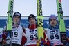 Winner Gregor Schlierenzauner of Austria (M), second placed Jurij Tepes of Slovenia (L) and third placed Andrea Morassi of Italy (R) celebrating their medals after Individual ski jumping race of FIS Nordic Junior Ski World Championships, which was held in Kranj, Slovenia.
