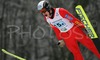 Lukasz Rutkowski of Poland soars through the air during Junior ski jumping team race of FIS Nordic Junior Ski World Championships. Race was won by Austria, Slovenia placed second, while Japan finished third.
