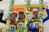Winner Bjoern Einar Romoeren of Norway (M), second placed Roar Ljoekelsoey of Norway (L) and third placed Martin Koch of Austria (R) are celebrating their medals won in e.on Ruhrgas FIS Ski Jumping World Cup finals. First race of FIS Ski Jumping World Cup finals was held in Planica, Slovenia on 18.March 2006.
