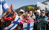 Finnish spectators cheering for their ski jumpers during last race of e.on Ruhrgas FIS Ski Jumping World Cup finals. Last race of e.on Ruhrgas FIS Ski Jumping World Cup was held in Planica, Slovenia on 19.March 2006.
