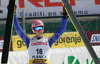 Second placed Martin Koch of Austria celebrating his second place after second jump of last race of e.on Ruhrgas FIS Ski Jumping World Cup finals. Last race of e.on Ruhrgas FIS Ski Jumping World Cup was held in Planica, Slovenia on 19.March 2006.
