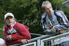 Coach of Slovenia team Vasja Bajc of Slovenia (L) and his colleague Matjaz Zupan of Slovenia who is currently working as coach of Czech team analyzing jumps of ski jumpers during qualifications, which were held in Ski jumping center in Kranj, Slovenia on 1. September 2006.
