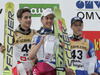 Winner Simon Ammann of Switzerland (M), second placed Wolgang Loitzl of Austria (L) and third placed Roman Koudelka of Czech (R) celebrating their success after Summer FIS Grand Prix in ski jumping Kranj 2006. Summer FIS Grand Prix in ski jumping Kranj 2006 was held on 2. of September 2006 in Kranj, Slovenia.
