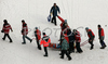 Tami Kiuru of Finland is taken away by paramedics after his fall in first jump of ski flying on FIS Ski jumping World Cup finals in Planica, Slovenia. FIS Ski jumping World Cup finals in Planica was held between 22nd and 25th of March 2007 in Planica, Slovenia. First competition day of ski flying was held in Planica on 23rd of March 2007.
