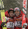 Men of the day Sigurd Pettersen of Norway (L) and men of the year Anders Bardal of Norway celebrating their titels won in last day of ski flying on FIS Ski jumping World Cup finals in Planica, Slovenia. FIS Ski jumping World Cup finals in Planica was held between 22nd and 25th of March 2007 in Planica, Slovenia. Last competition of ski flying was held in Planica on 25rd of March 2007.
