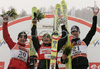 Winner Adam Malysz of Poland (M), second placed Simon Ammann of Switzerland (L) and third placed Martin Koch of Austria (R) celebrating their medals won in last day of ski flying on FIS Ski jumping World Cup finals in Planica, Slovenia. FIS Ski jumping World Cup finals in Planica was held between 22nd and 25th of March 2007 in Planica, Slovenia. Last competition of ski flying was held in Planica on 25rd of March 2007.
