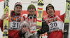 Winner Adam Malysz of Poland (M), second placed Anders Jacobsen of Norway (L) and third placed Simon Ammann of Switzerland (R) celebrating their overall positions won FIS Ski jumping World Cup 2007. FIS Ski jumping World Cup finals in Planica was held between 22nd and 25th of March 2007 in Planica, Slovenia. Last competition of ski flying was held in Planica on 25rd of March 2007.
