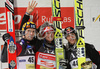 Winner Thomas Morgenstern of Austria (M), second placed Janne Ahonen of Finland (L) and third placed Gregor Schlierenzauer of Austria (R) celebrate their medals won in FIS Ski jumping World Cup race in Villach, Austria. First of two ski jumping World Cup races in Villach, Austria was held on 13th of December 2007, as substitute race for canceled race in Kranj, Slovenia
