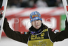 Winner and overall winner Janne Ahonen of Finland celebrates his victory after his second jump in last race of Four Hill ski jumping tournament 2008 in Bischofshofen, Austria. Last race of 4 Hill ski jumping tournament 2008 was held in Bischofshofen, Austria on 6th of January 2008.
