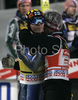 Third placed Thomas Morgenstern of Austria (R) congratulates winner Janne Ahonen of Finland (L) after Ahonens second jump in last race of Four Hill ski jumping tournament 2008 in Bischofshofen, Austria. Last race of 4 Hill ski jumping tournament 2008 was held in Bischofshofen, Austria on 6th of January 2008.
