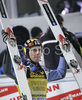 Winner and overall winner Janne Ahonen of Finland celebrates his victory after his second jump in last race of Four Hill ski jumping tournament 2008 in Bischofshofen, Austria. Last race of 4 Hill ski jumping tournament 2008 was held in Bischofshofen, Austria on 6th of January 2008.
