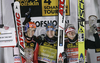 Winner Janne Ahonen of Finland (M), second placed Anders Bardal of Norway (L) and third placed Thomas Morgenstern of Austria (R), celebrating their medals won in last race of Four Hill ski jumping tournament 2008 in Bischofshofen, Austria. Last race of 4 Hill ski jumping tournament 2008 was held in Bischofshofen, Austria on 6th of January 2008.
