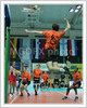 Mikko Oivanen (no.4) jumping for spike, while his teammates watching during last match of Top Team Cup between home team MOK Krka and Finnish team Raision Loimu which was held in Novo Mesto. MOK Krka won with 3:2 and secured second place in tournament. Tournament was won by Raision Loimu of Finland.
