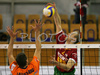 Antti Siltala of Nolik Maaseik (R) spikes over Brandon Richard Taliaferro of ACH Volley Bled (L) during match of Volleyball Indesit European Champions League between ACH Volley Bled, Slovenia and Noliko Maaseik, Belgium. Match of first round of Volleyball Indesit European Champions League, group F, was played in Tivoli Arena in Ljubljana, Slovenia on 17th of October 2007. Match was won by ACH Volley Bled, who defeated Noliko Maaseik with 3-1.
