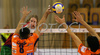 Jasmin Cuturic of ACH Volley Bled (L) and Brandon Richard Taliaferro of ACH Volley Bled (R) trying to block Kay Van Dijk of Nolik Maaseik (M) during match of Volleyball Indesit European Champions League between ACH Volley Bled, Slovenia and Noliko Maaseik, Belgium. Match of first round of Volleyball Indesit European Champions League, group F, was played in Tivoli Arena in Ljubljana, Slovenia on 17th of October 2007. Match was won by ACH Volley Bled, who defeated Noliko Maaseik with 3-1.
