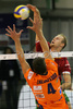 Antti Siltala of Nolik Maaseik spikes over Brandon Richard Taliaferro of ACH Volley Bled during match of Volleyball Indesit European Champions League between ACH Volley Bled, Slovenia and Noliko Maaseik, Belgium. Match of first round of Volleyball Indesit European Champions League, group F, was played in Tivoli Arena in Ljubljana, Slovenia on 17th of October 2007. Match was won by ACH Volley Bled, who defeated Noliko Maaseik with 3-1.
