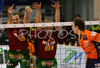 Georg Wiebel of Nolik Maaseik (L) and Antti Siltala of Nolik Maaseik (M) successfully block spike of Tine Urnaut of ACH Volley Bled (R) during match of Volleyball Indesit European Champions League between ACH Volley Bled, Slovenia and Noliko Maaseik, Belgium. Match of first round of Volleyball Indesit European Champions League, group F, was played in Tivoli Arena in Ljubljana, Slovenia on 17th of October 2007. Match was won by ACH Volley Bled, who defeated Noliko Maaseik with 3-1.
