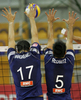 Marcelo Hargreaves (no.17) of Paris Volley (L) and Rafael Redwitz (no.5) of Paris Volley (R) in block during match of 3rd round of Indesit European Champions League between ACH Volley, Bled, Slovenia and Paris Volley, France. Match was played in Tivoli arena, Ljubljana, Slovenia on 12th of December 2007. 
