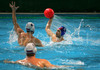 Frederic Audon of France (R) and Boban Antonijevic of Slovenia (L) during first match of qualification waterpolo tournament for European championship. Match between Slovenia and France took place in Kranj, Slovenia on 7.April 2006. Slovenia defeated France with 9:7.
