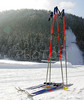 Cross country skis and poles left next to skiing track in Ratece, Slovenia. Lot of cross country skiers came to Ratece to enjoy perfect conditions, which were made possible by low temperatures and sunny winter day.
