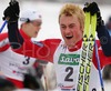 Winner Petter Northug of Norway celebrating his victory on Junior Men finals of FIS Nordic Junior Ski World Championship sprint race were held in Medvode, Slovenia.  Race was won by Petter Northug of Norway, Daniel Heun of Germany placed second, Anton Smirnov of Russia placed third, while Anders Gloersen of Norway finished fourth.
