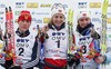 Winner Astrid Jacobsen of Norway (M), second placed Natalia Matveeva of Russia (L) and third placed Celine Brun-Lie of Norway(R) celebrate their medals on Junior Women finals of FIS Nordic Junior Ski World Championship sprint race were held in Medvode, Slovenia.
