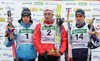 Winner Petter Northug of Norway (M), second placed Daniel Heun of Germany (L)and third placed Anton Smirnov of Russia (R) celebrate their medals on Junior Men finals of FIS Nordic Junior Ski World Championship sprint race were held in Medvode, Slovenia.
