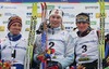Winner Guro Stroem Solli of Norway (M), second placed Valentina Novikova of Russia (L) and third placed Nicole Fessel of Germany (R) celebrating their medals on Under-23 Women finals of FIS Nordic Junior Ski World Championship sprint race were held in Medvode, Slovenia.
