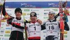 Winner Harald Wurm of Austria (M), second placed Josef Wenzl of Germany (L) and third placed Marcus Hellner of Sweden (R) celebrating their medals after Under-23 Men finals of FIS Nordic Junior Ski World Championship sprint race were held in Medvode, Slovenia.
