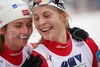 Teammates Astrid Jacobsen (R) and Celine Brun-Lie (L) of Norway celebrating their first and third place on Junior Women finals of FIS Nordic Junior Ski World Championship sprint race were held in Medvode, Slovenia.  Race was won by Astrid Jacobsen of Norway, Natalia Matveeva of Russia placed second, Celine Brun-Lie of Norway placed third, while Charlotte Kalla of Sweden finished fourth.

