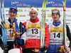Winner Petter Northug of Norway (M), second placed Martin Jaks of Czech (L) and third placed Dario Alonzo Cologna of Switzerland (R) celebrating their medals on Junior Men 10km classic race of FIS Nordic Junior Ski World Championship in Medvode, Slovenia.

