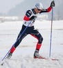 Winner Francois Braud of France skiing during Junior Nordic Combined 10km pursuit race of FIS Nordic Junior Ski World Championship in Medvode, Slovenia.  Race was won by Francois Braud of France, Tom Beetz of Germany placed second, while Miroslav Dvorak of Czech finished third.
