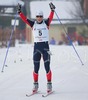 Winner Francois Braud of France skiing last meters of 10km pursuit race and celebrating his title of Junior World Champion on the end of Junior Nordic Combined 10km pursuit race of FIS Nordic Junior Ski World Championship in Medvode, Slovenia.  Race was won by Francois Braud of France, Tom Beetz of Germany placed second, while Miroslav Dvorak of Czech finished third.
