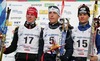 Winner Francois Braud of France (M), second placed Tom Beetz of Germany (L) and third placed Miroslav Dvorak of Czech (R) celebrating their medals in Junior Nordic Combined 10km pursuit race of FIS Nordic Junior Ski World Championship in Medvode, Slovenia.
