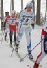 Marte Elden of Norway (No.1) and Charlotte Kalla of Sweden (No.3) skiing during Junior Women FIS Nordic Junior Ski World Championships 5+5km pursuit race which was held in Medvode,  Slovenia.
