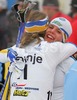 Winner Charlotte Kalla of Sweden celebrating her victory with her teammate Anna Hansson after Junior Women FIS Nordic Junior Ski World Championships 5+5km pursuit race which was held in Medvode,  Slovenia.

