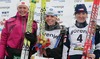 Winner Charlotte Kalla of Sweden (M), second placed Betty-Ann Bjerkreim Nilsen of Norway (L) and third placed Eva Nyvltova of Czech celebrating their medals after Junior Women FIS Nordic Junior Ski World Championships 5+5km pursuit race, which was held in Medvode, Slovenia.  <br> 
