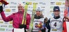 Winner Charlotte Kalla of Sweden (M), second placed Betty-Ann Bjerkreim Nilsen of Norway (L) and third placed Eva Nyvltova of Czech celebrating their medals after Junior Women FIS Nordic Junior Ski World Championships 5+5km pursuit race, which was held in Medvode, Slovenia.  <br> 
