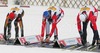 Winner Petter Northug of Norway (R), third placed Martin Jaks of Czech (M) and Stefan Seifert of Germany (L) changing their classic skis fo skating skis during Junior Men FIS Nordic Junior Ski World Championships 10+10km pursuit race which was held in Medvode,  Slovenia.
