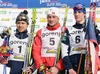 Winner Petter Northug of Norway (M), second placed Illia Chernousov of Russia (L) and third placed Martin Jaks of Czech (R) celebrating their medals after Junior Men FIS Nordic Junior Ski World Championships 10+10km pursuit race which was held in Medvode,  Slovenia.

