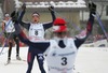 Second placed Sergej Shiriaev of Russia celebrating his second place, while his teammate winner Alexander Legkovcelebrating his victory and his teammates second place in Under-23 Men FIS Nordic Junior Ski World Championships 15+15km pursuit race which was held in Medvode,  Slovenia.
