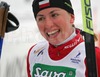 Winner Justyna Kowalczyk of Poland celebrating her victory after  Under-23 Women FIS Nordic Junior Ski World Championships 7.5+7.5km pursuit race which was held in Medvode,  Slovenia.
