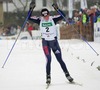 Second placed Irina Artemova of Russia celebrating her victory on finish line of  Under-23 Women FIS Nordic Junior Ski World Championships 7.5+7.5km pursuit race which was held in Medvode,  Slovenia.
