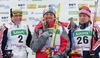 Winner Justyna Kowalczyk of Poland (M), second placed Irina Artemova of Russia (L) and her teammate third placed Ioulia Tchekalova of Russia (R) celebrating their medals after Under-23 Women FIS Nordic Junior Ski World Championships 7.5+7.5km pursuit race which was held in Medvode,  Slovenia.
