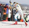Anna Hansson of Sweden skiing during third leg of Junior Women FIS Nordic Junior Ski World Championships 4x3.3km relay race which was held in Medvode,  Slovenia. Race was won by Norway, Sweden placed second, while Russia finished third.

