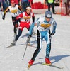 Rok Zima of Slovenia (front) Per Heger Sannes of Norway (middle) and Stefan Tuss of Germany (back) skiing during Junior Nordic Combined sprint race of FIS Nordic Junior Ski World Championships which was held in Medvode, Slovenia on 5.February 2006.
