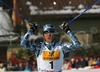 Second placed Akito Watabe of Japan celebrating his second place while crossing finish line of Junior Nordic Combined sprint race of FIS Nordic Junior Ski World Championships which was held in Medvode, Slovenia on 5.February 2006.
