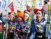 Winning team of Norway (M) with members Glenn Elvestad, Eirik Kurland Olsen, Eirik Saeves and Petter Northug celebrating their medals in Junior Men FIS Nordic Junior Ski World Championships 4x5km relay race which was held in Medvode,  Slovenia.
