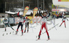 Winner Magnus-H. Moan of Norway (R) celebrating his victory after he finished 7.5km race infront of Jason Lamy Chappuis of France (2nd from L), Ronny Ackermann of Germany (3rd from L) and Anssi Koivuranta of Finland (L). FIS Nordic Combined World Cup was held in Ramsau am Dachstein, Austria, on 17th of December 2006.
